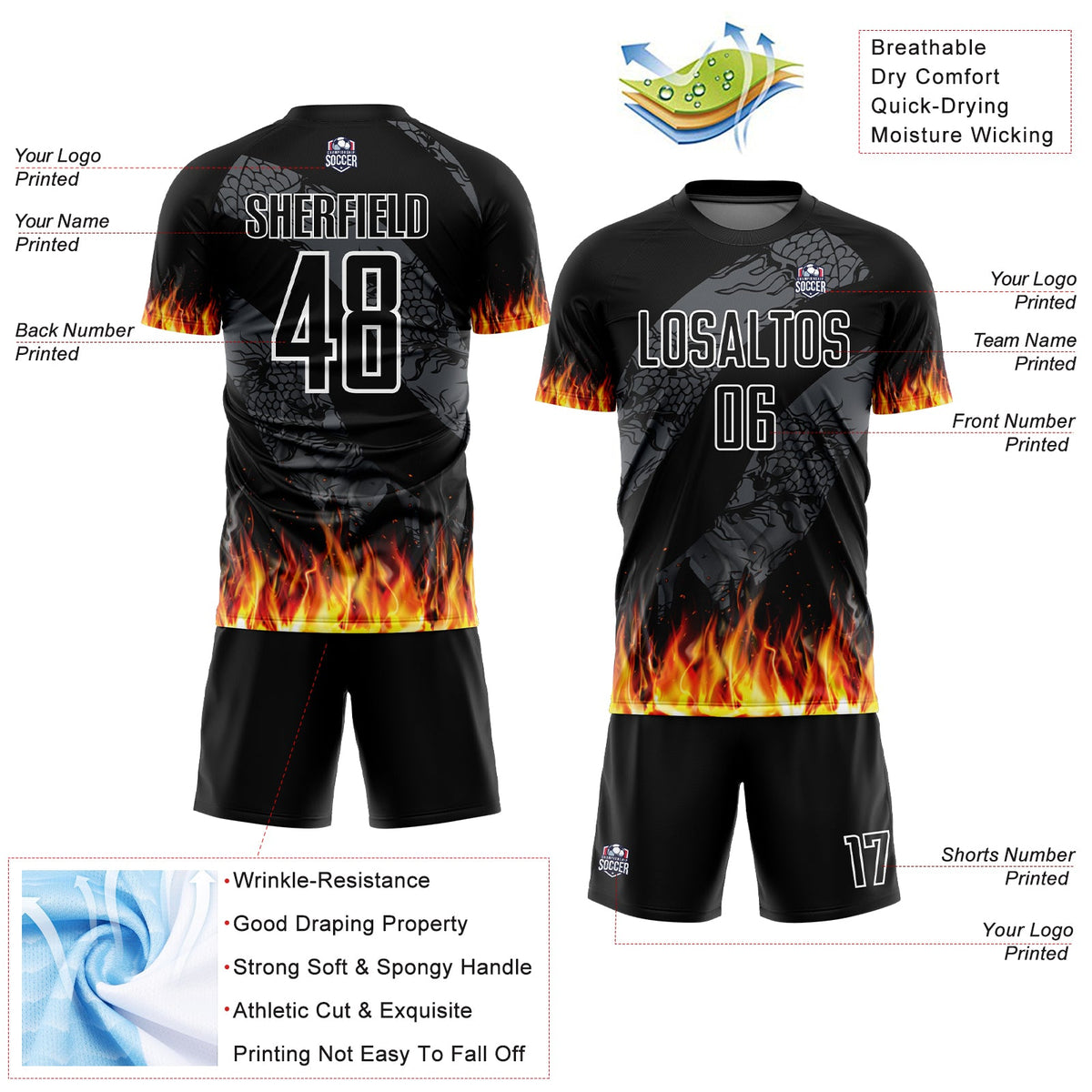 Custom Black Red-Gold Flame Sublimation Soccer Uniform Jersey Limited
