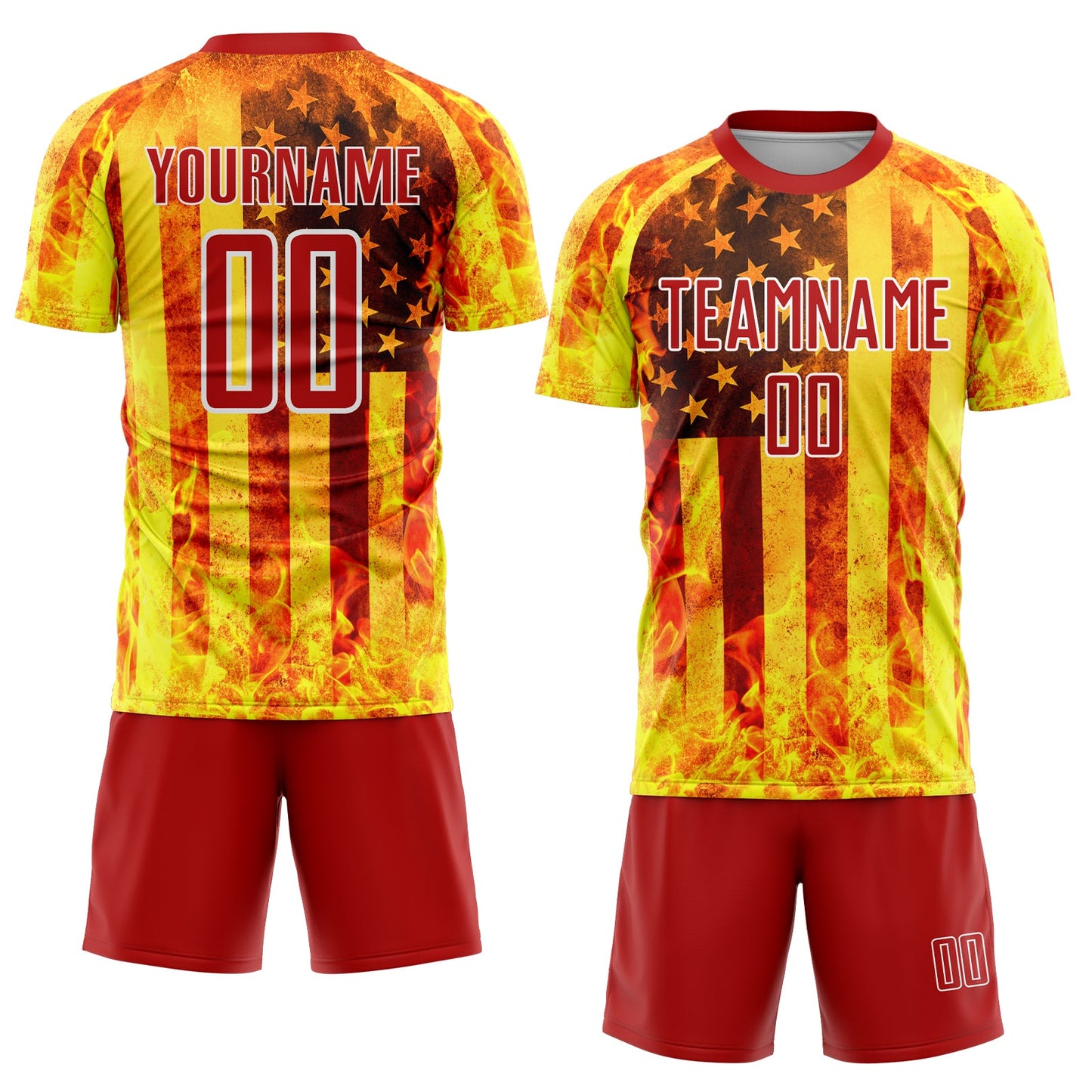 Custom Light Yellow Red-White American Flag Flame Sublimation Soccer Uniform Jersey Limited