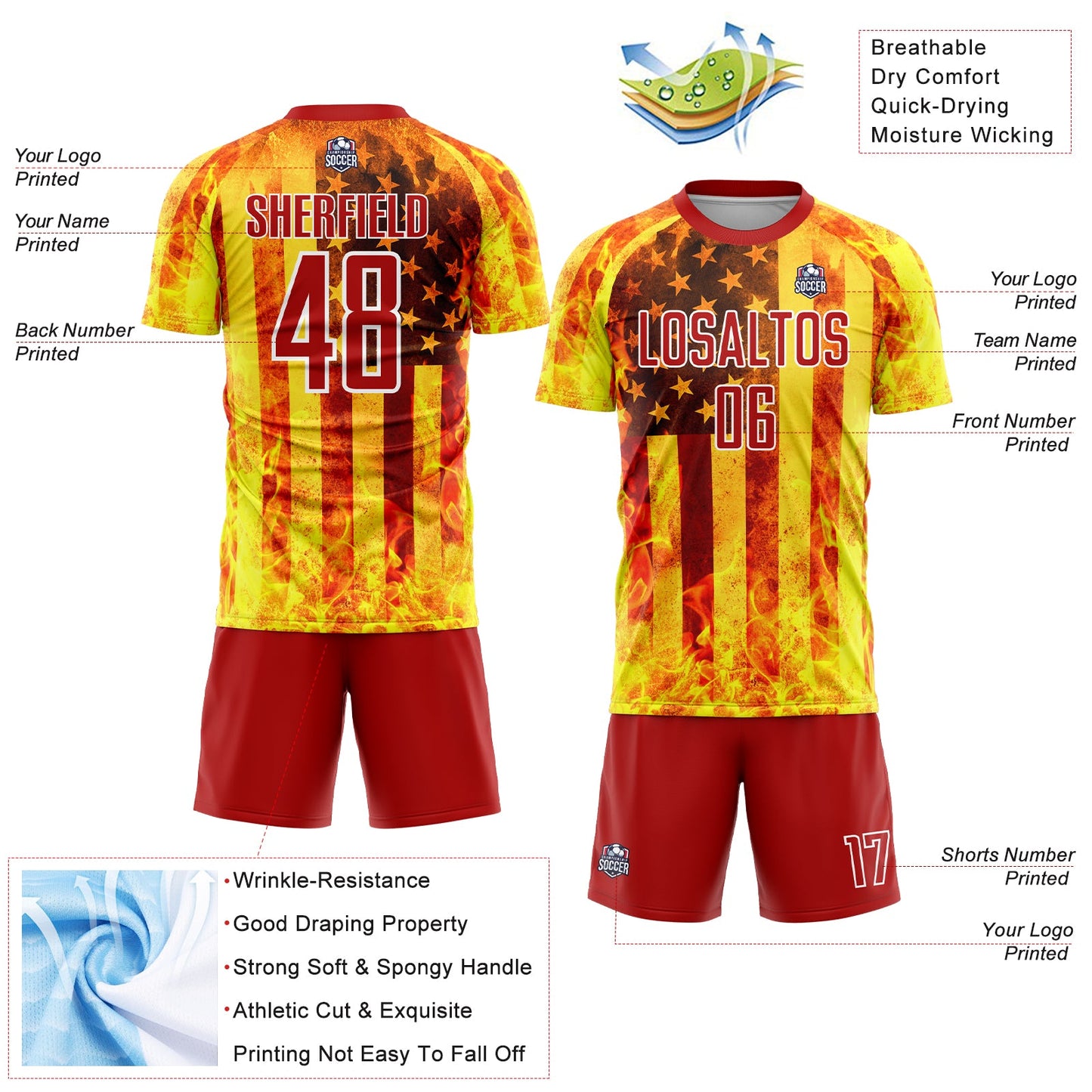 Custom Light Yellow Red-White American Flag Flame Sublimation Soccer Uniform Jersey Limited