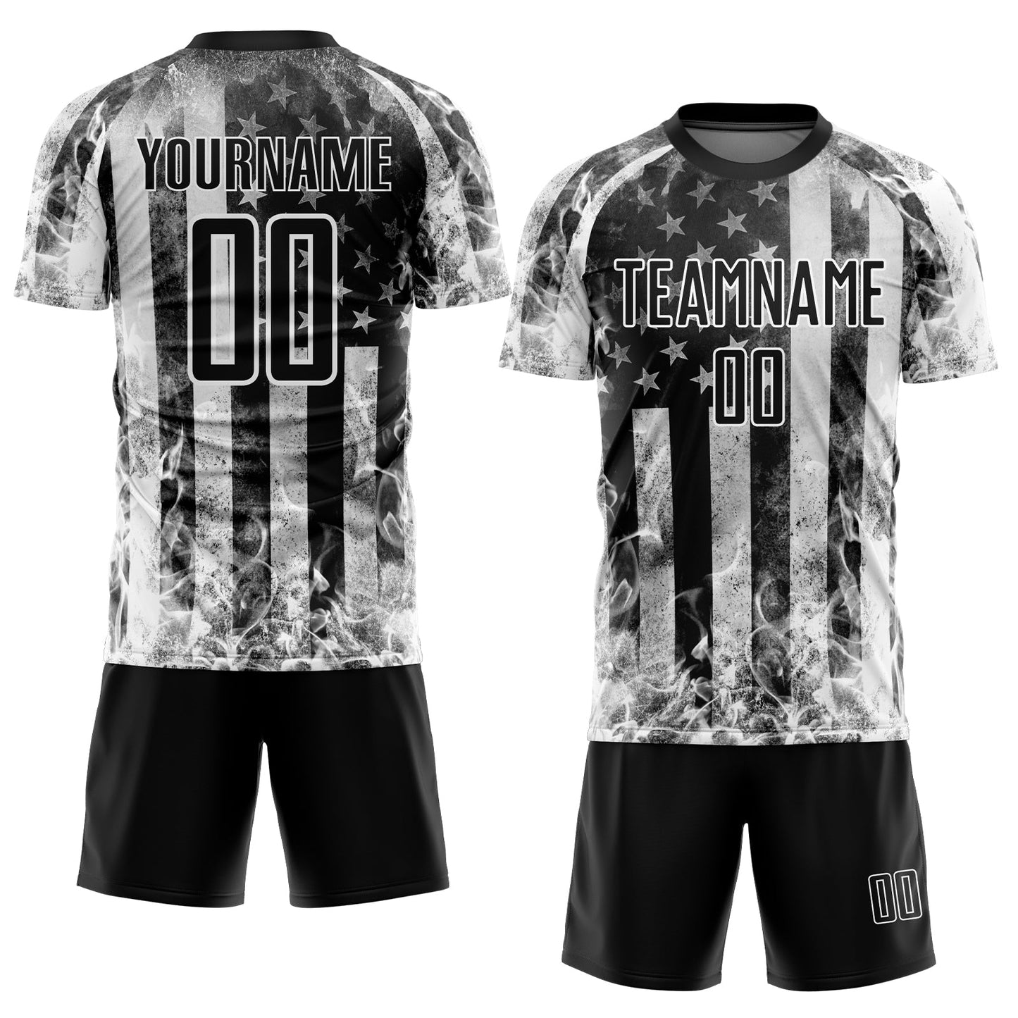 Custom Black Gray-White American Flag Flame Sublimation Soccer Uniform Jersey Limited