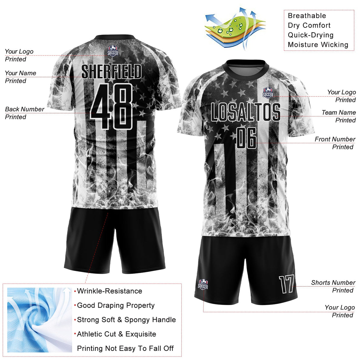 Custom Black Gray-White American Flag Flame Sublimation Soccer Uniform Jersey Limited