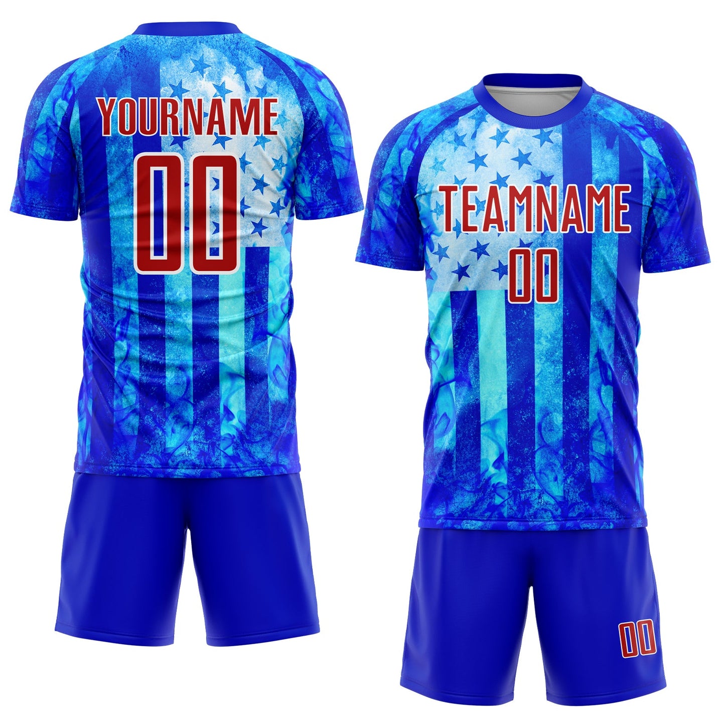 Custom Thunder Blue Red-White American Flag Flame Sublimation Soccer Uniform Jersey Limited
