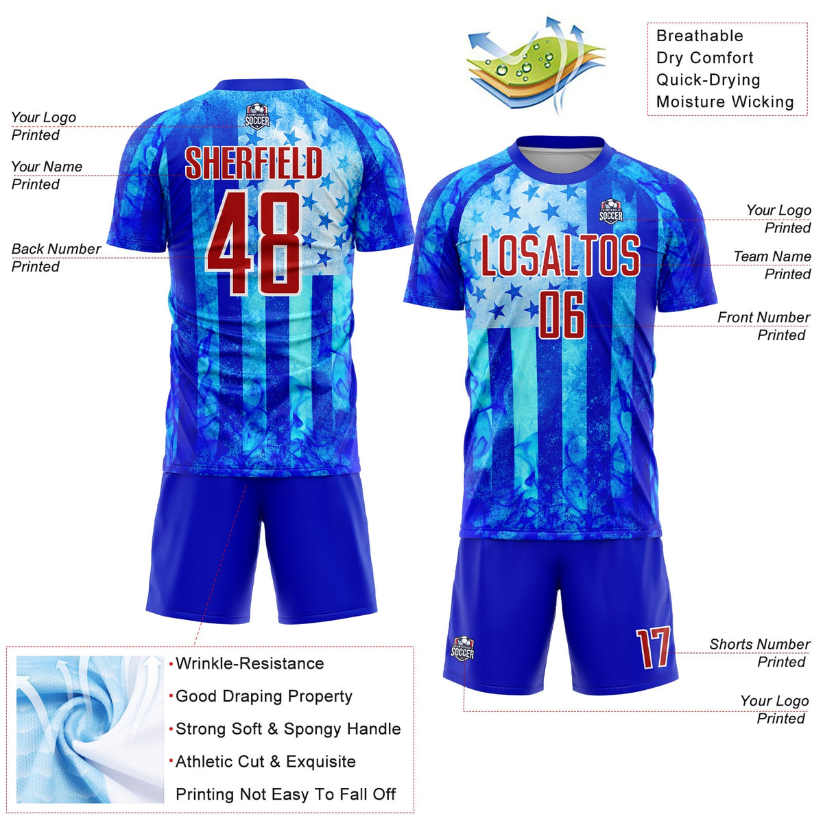 Custom Thunder Blue Red-White American Flag Flame Sublimation Soccer Uniform Jersey Limited