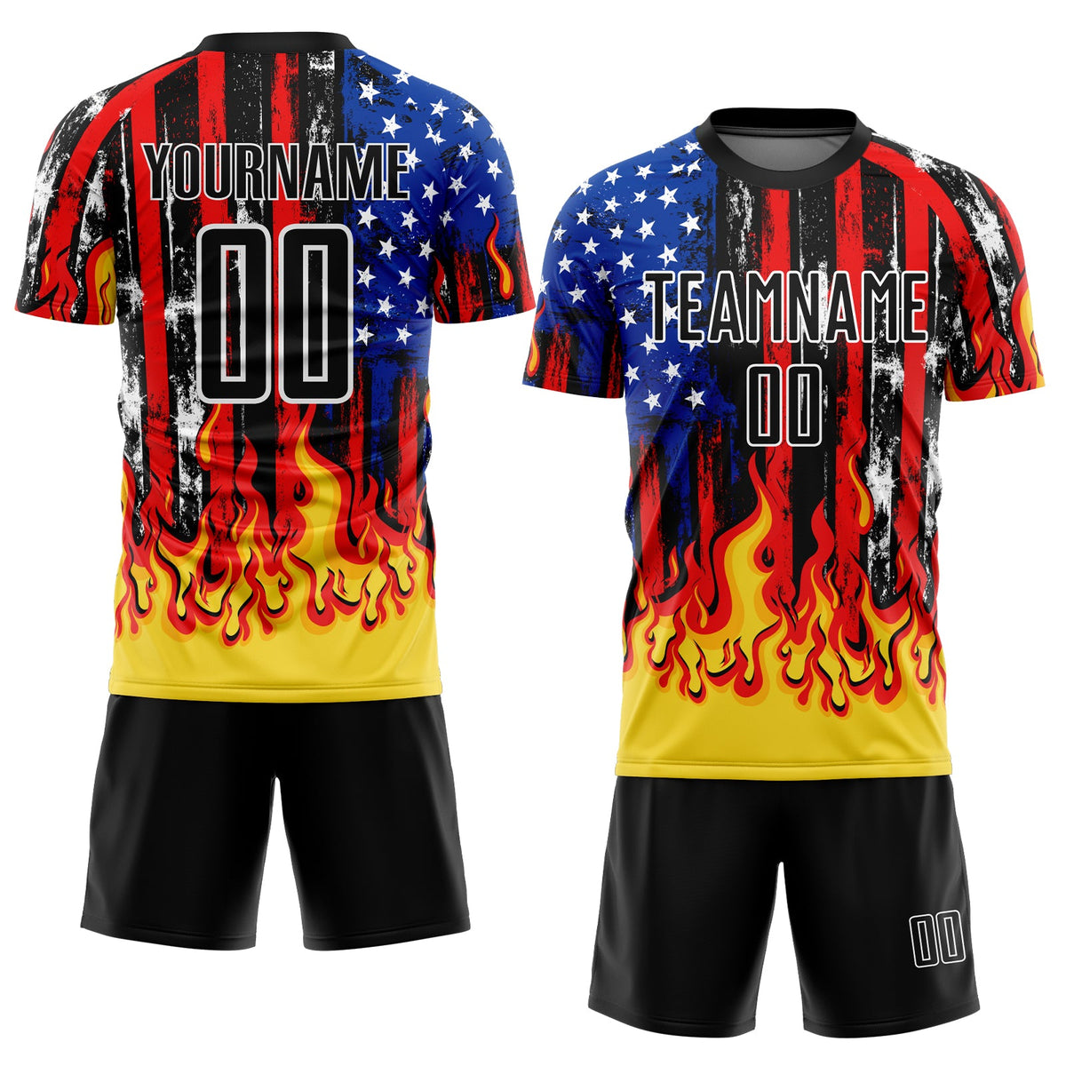 Custom Black Red Royal-Gold American Flag Flame Sublimation Soccer Uniform Jersey Limited
