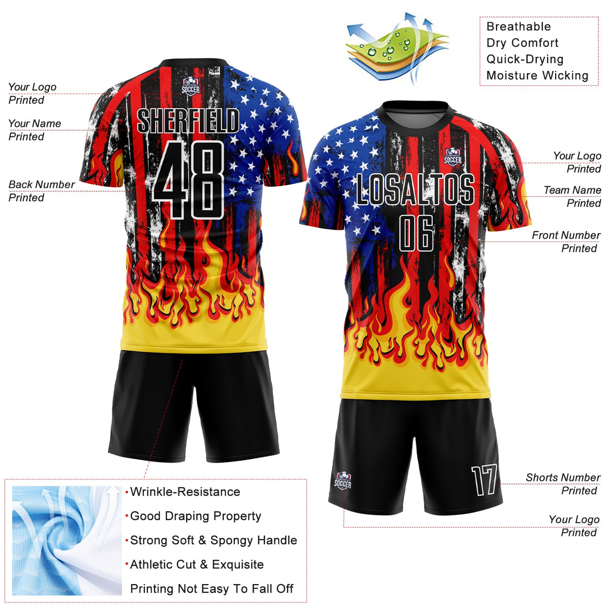 Custom Black Red Royal-Gold American Flag Flame Sublimation Soccer Uniform Jersey Limited