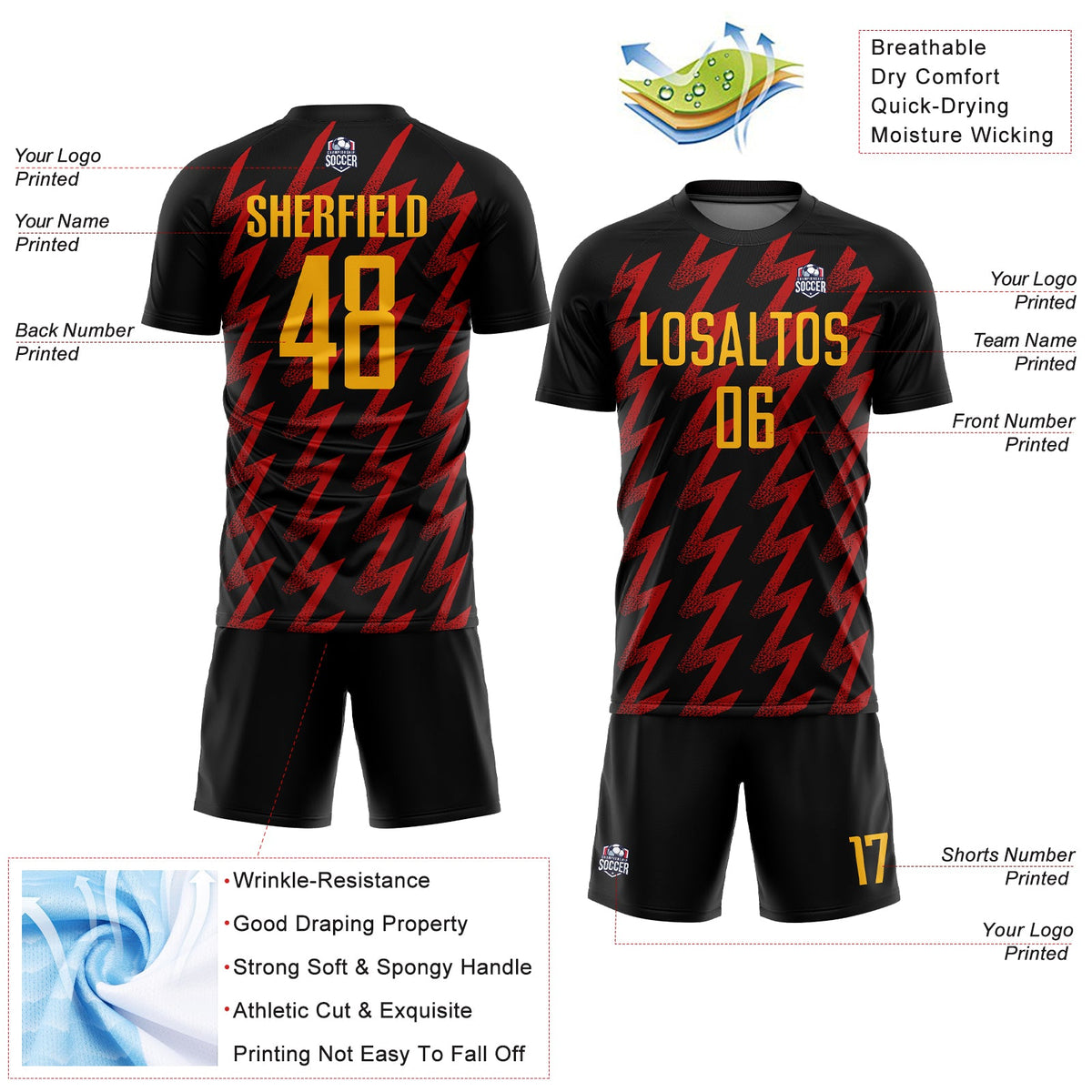 Custom Black Gold-Red Zigzag Shape Sublimation Soccer Uniform Jersey Limited