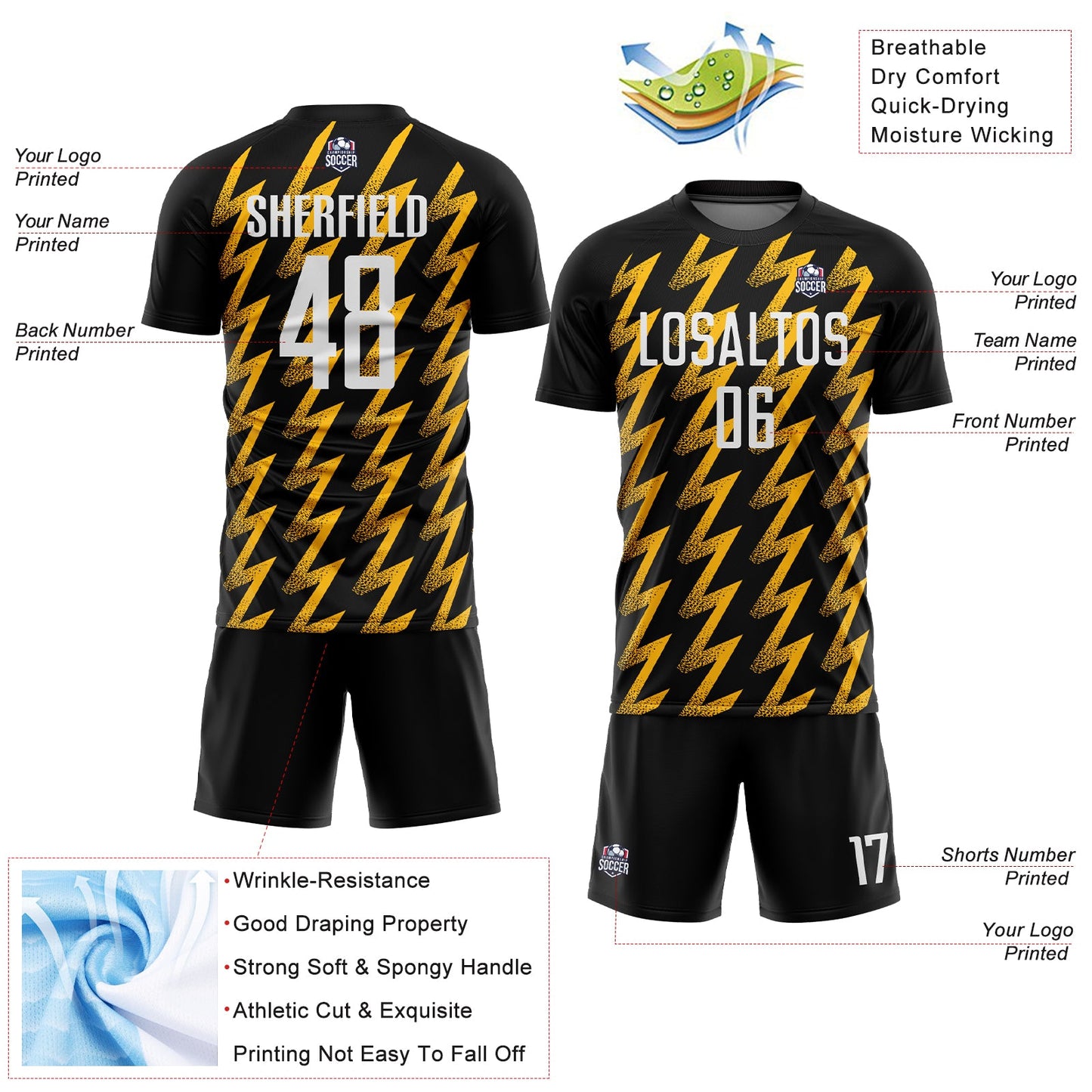 Custom Black White-Gold Zigzag Shape Sublimation Soccer Uniform Jersey Limited