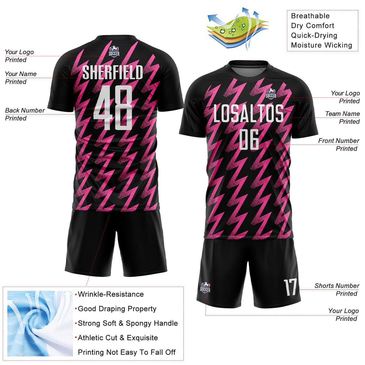 Custom Black White-Pink Zigzag Shape Sublimation Soccer Uniform Jersey Limited