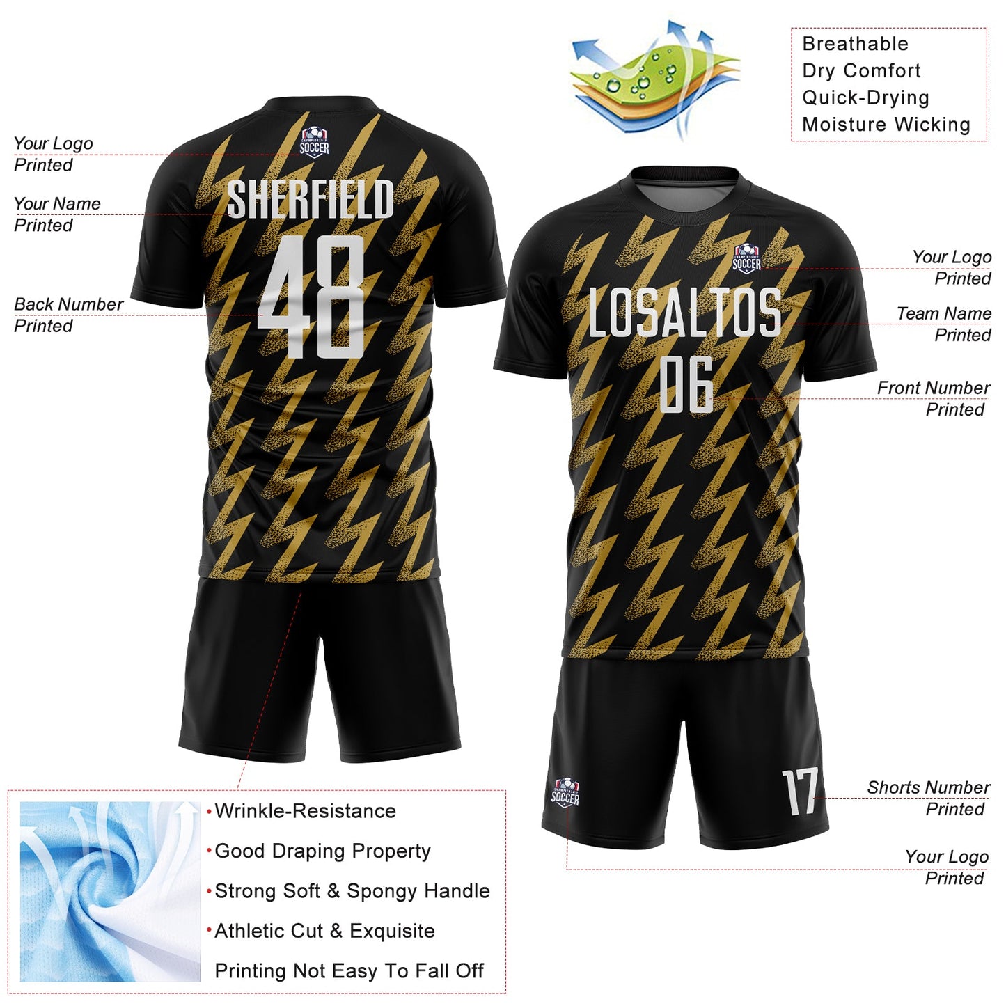 Custom Black White-Old Gold Zigzag Shape Sublimation Soccer Uniform Jersey Limited