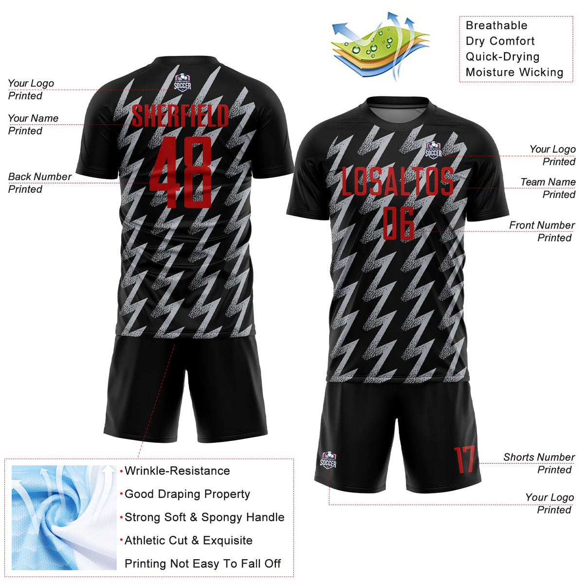 Custom Black Red-Gray Zigzag Shape Sublimation Soccer Uniform Jersey Limited