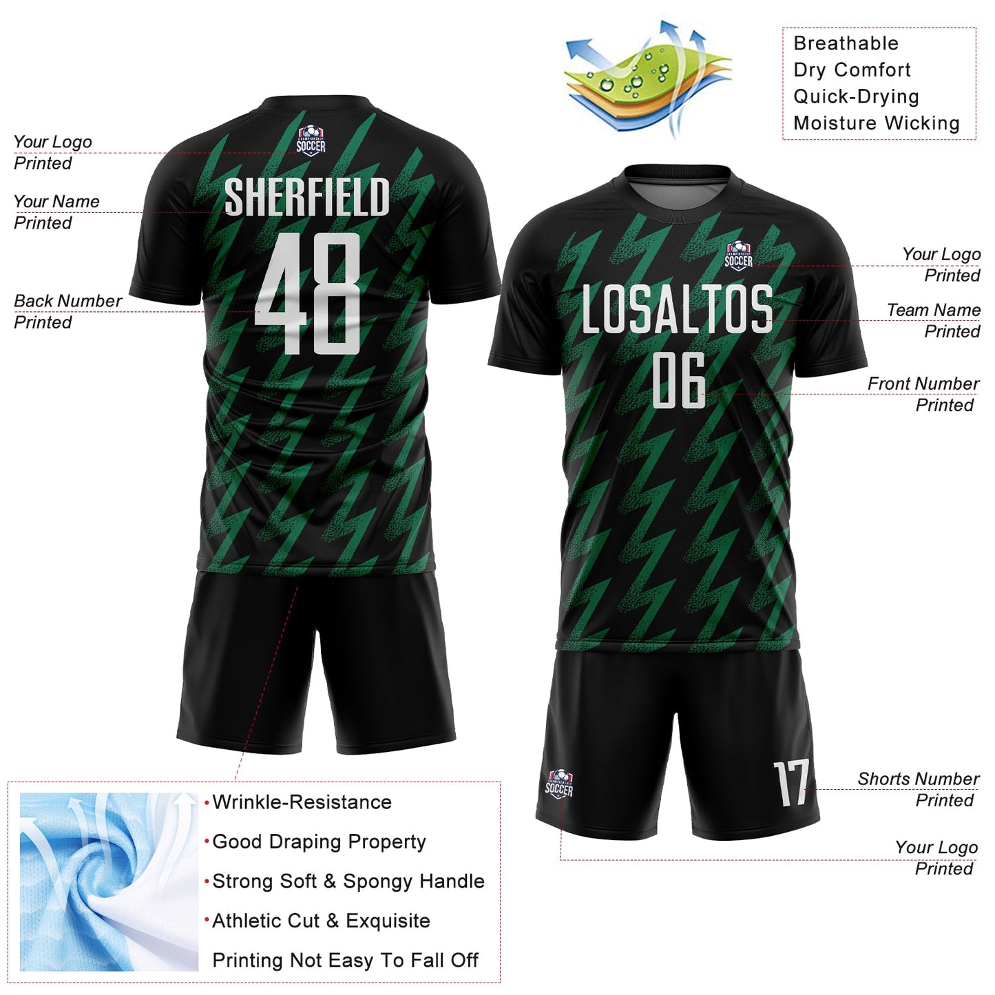 Custom Black White-Kelly Green Zigzag Shape Sublimation Soccer Uniform Jersey Limited