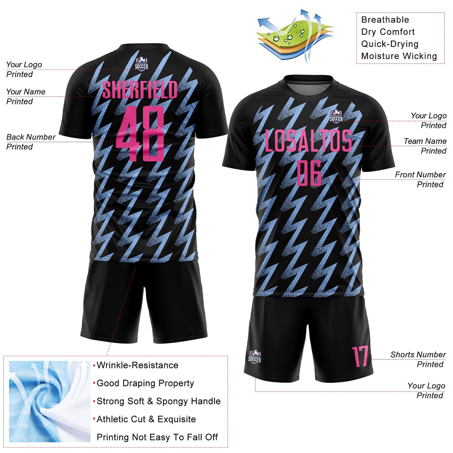 Custom Black Pink-Light Blue Zigzag Shape Sublimation Soccer Uniform Jersey Limited