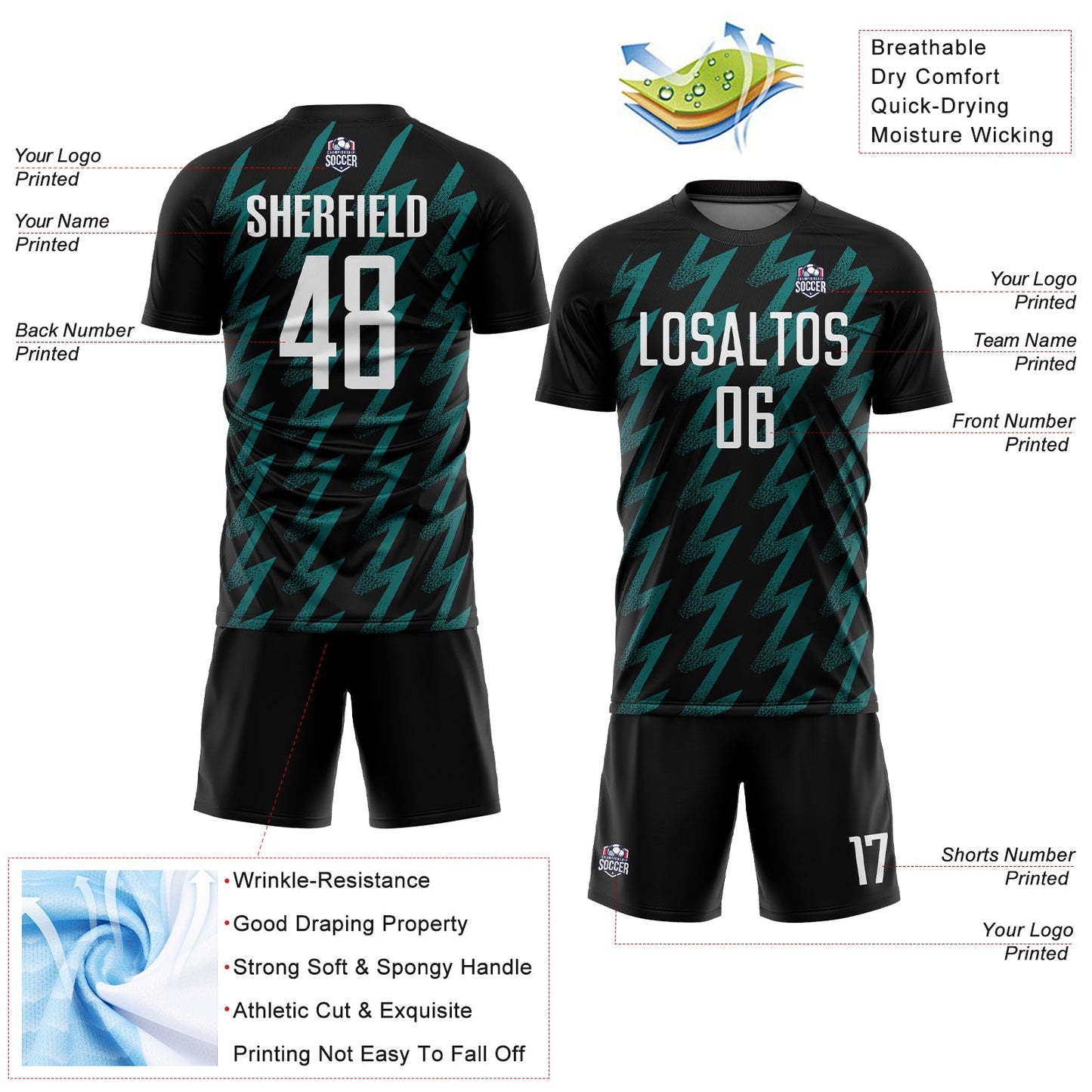 Custom Black White-Teal Zigzag Shape Sublimation Soccer Uniform Jersey Limited