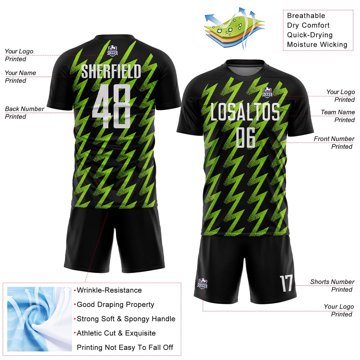 Custom Black White-Neon Green Zigzag Shape Sublimation Soccer Uniform Jersey Limited