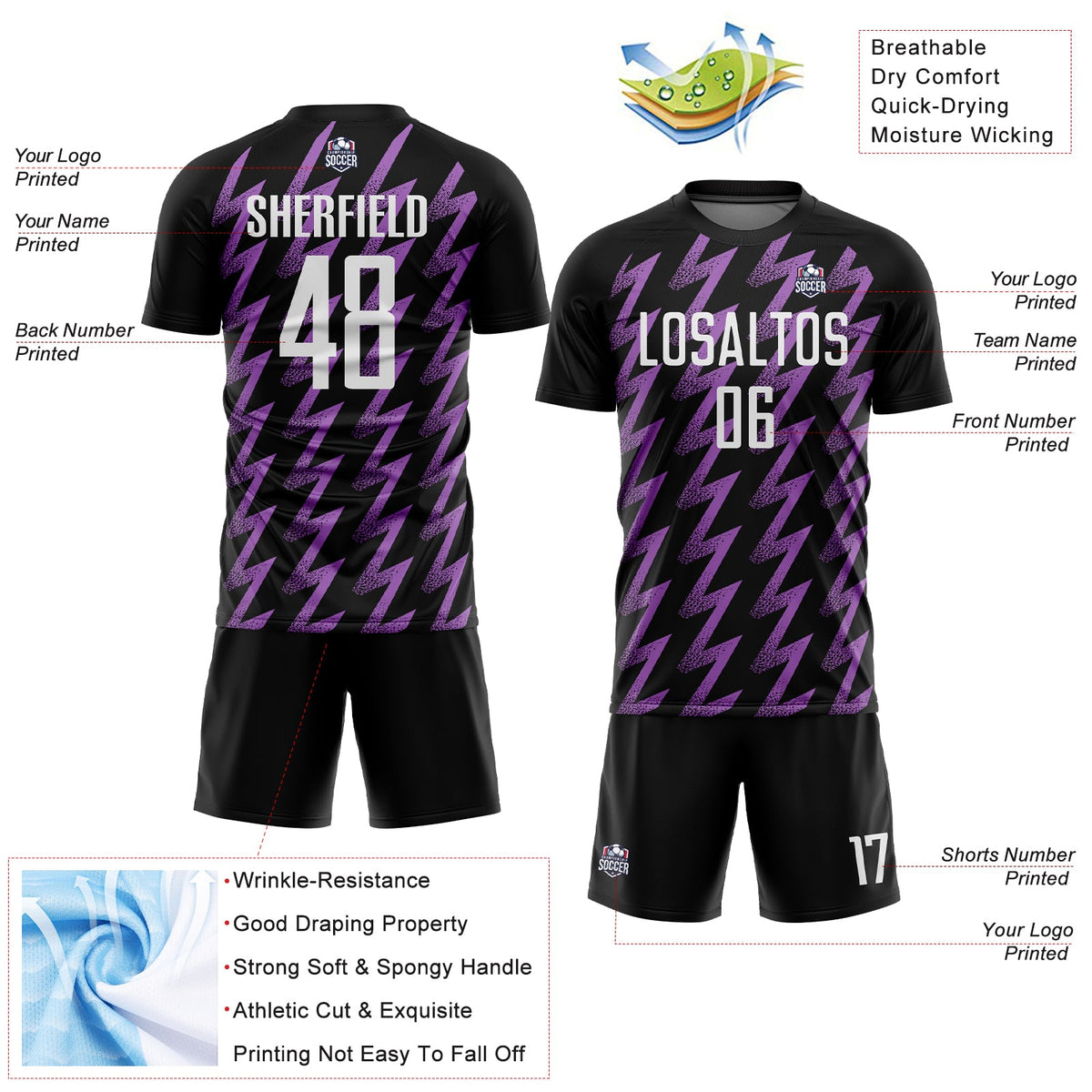 Custom Black White-Medium Purple Zigzag Shape Sublimation Soccer Uniform Jersey Limited