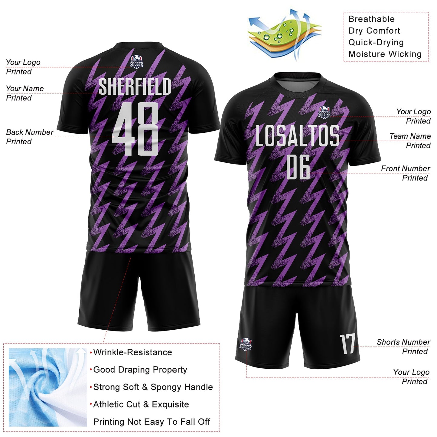 Custom Black White-Medium Purple Zigzag Shape Sublimation Soccer Uniform Jersey Limited