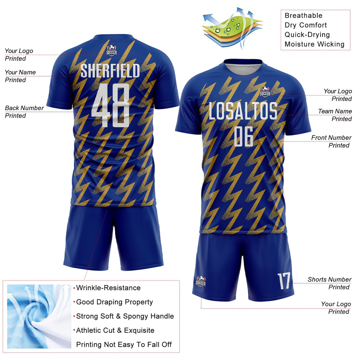Custom Royal White-Old Gold Zigzag Shape Sublimation Soccer Uniform Jersey Limited