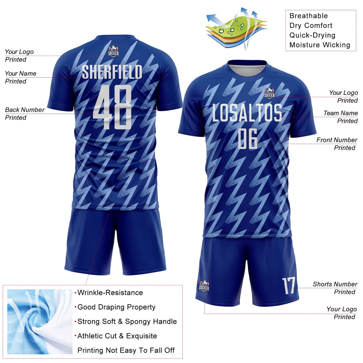 Custom Royal White-Light Blue Zigzag Shape Sublimation Soccer Uniform Jersey Limited