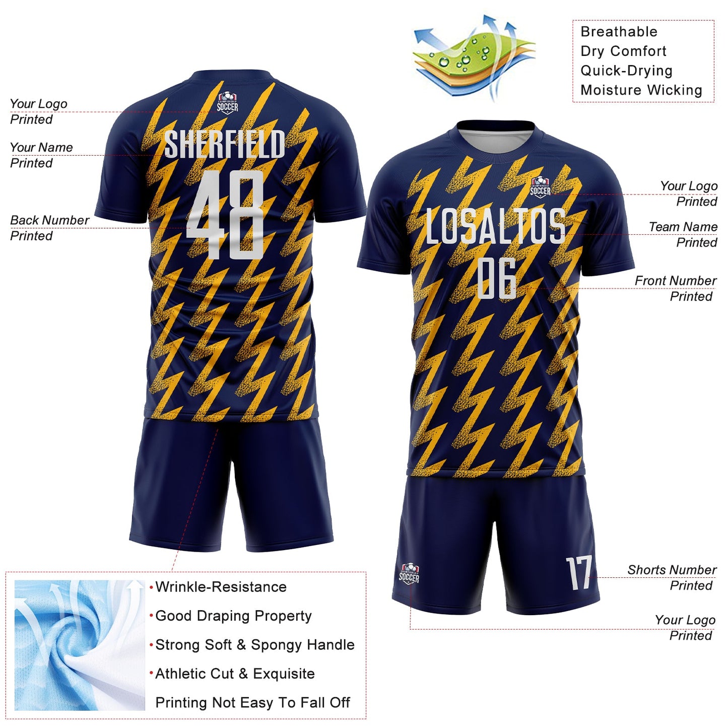 Custom Navy White-Gold Zigzag Shape Sublimation Soccer Uniform Jersey Limited