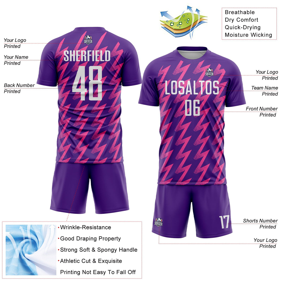Custom Purple White-Pink Zigzag Shape Sublimation Soccer Uniform Jersey Limited