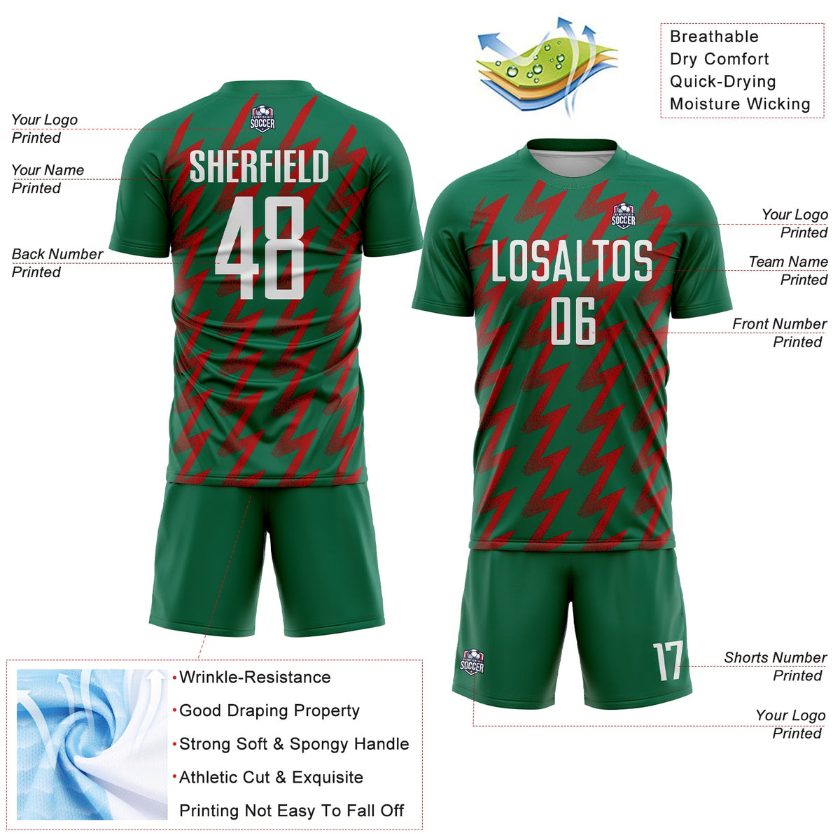 Custom Kelly Green White-Red Zigzag Shape Sublimation Soccer Uniform Jersey Limited