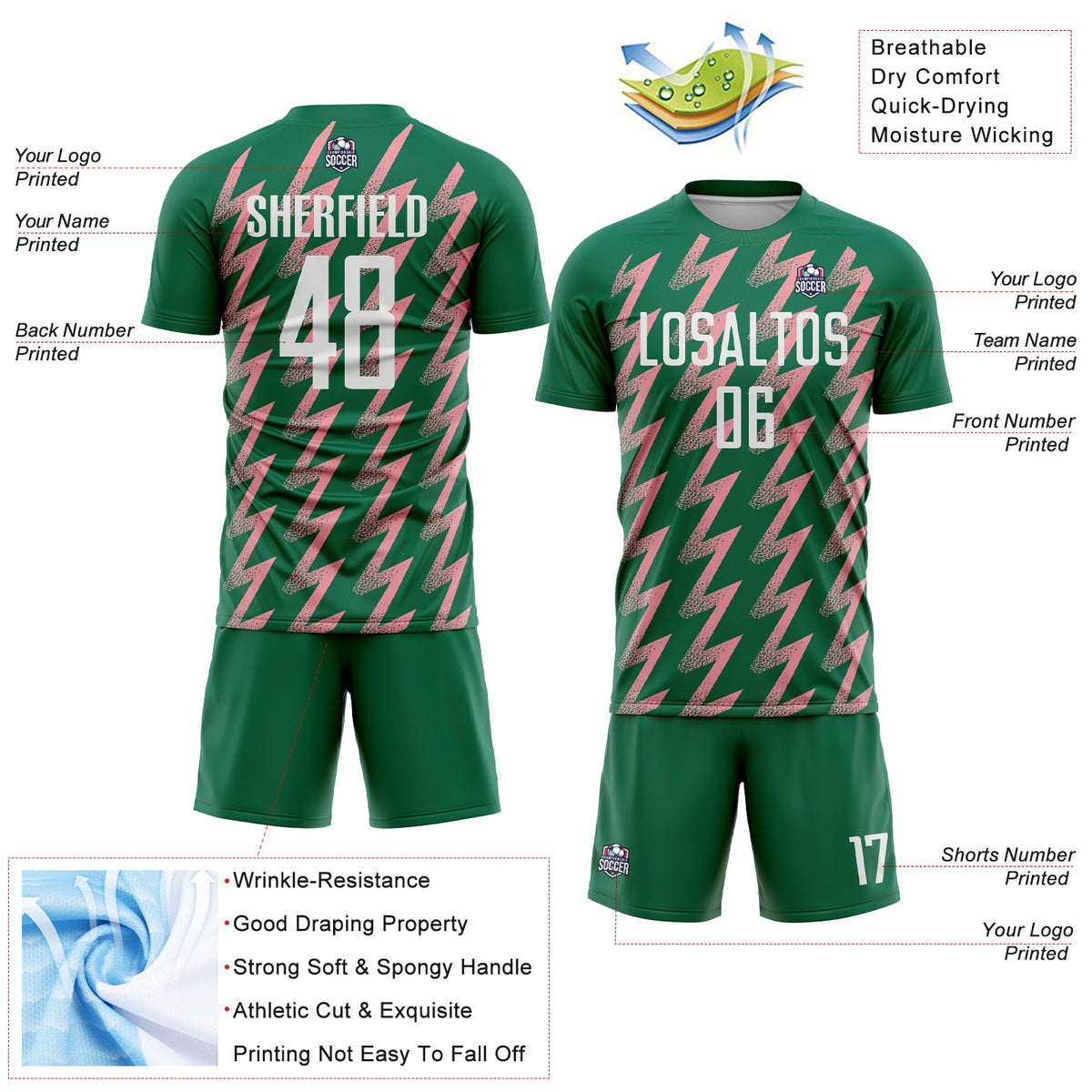 Custom Kelly Green White-Medium Pink Zigzag Shape Sublimation Soccer Uniform Jersey Limited