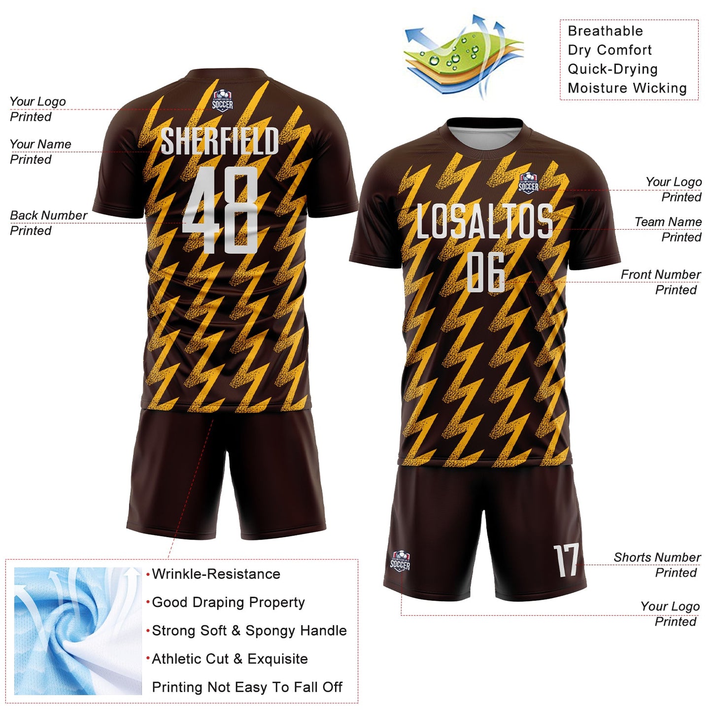 Custom Brown White-Gold Zigzag Shape Sublimation Soccer Uniform Jersey Limited