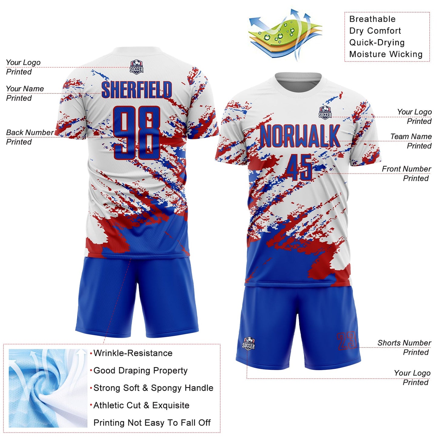 Custom White Thunder Blue-Red Abstract Fragment Art Splash Sublimation Soccer Uniform Jersey Limited