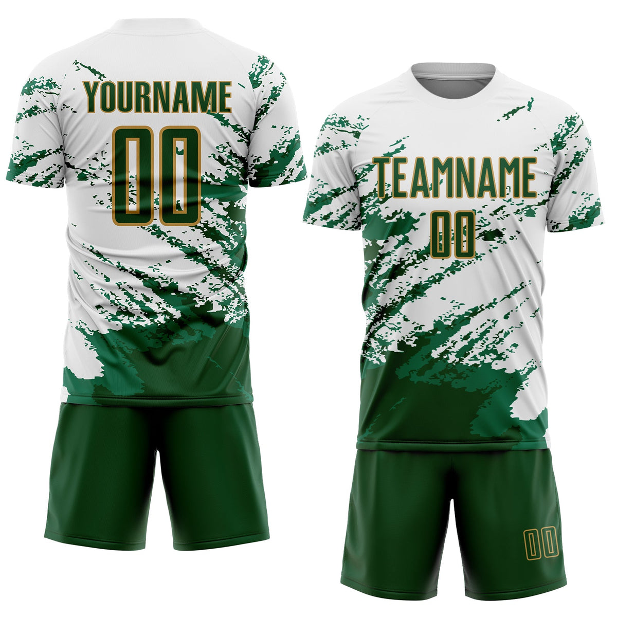 Custom White Green Kelly Green-Gold Abstract Fragment Art Splash Sublimation Soccer Uniform Jersey Limited