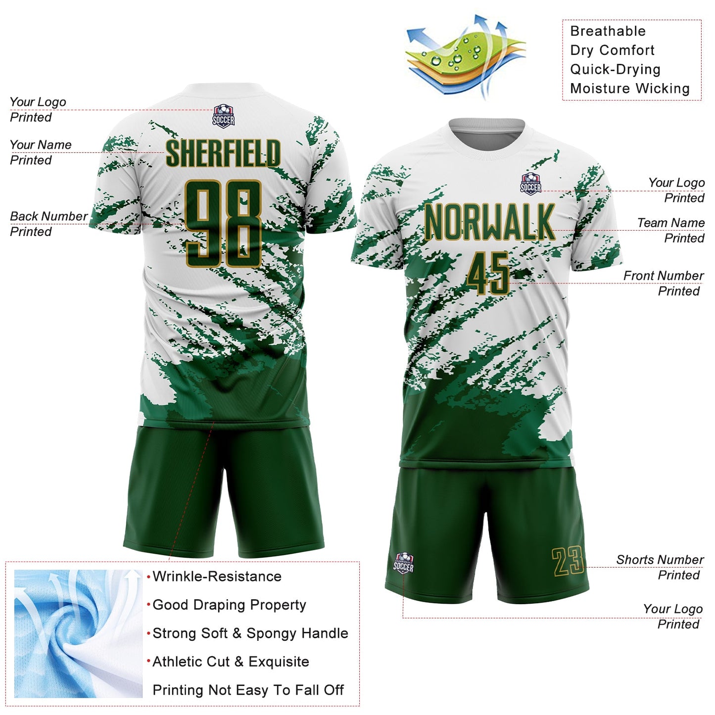 Custom White Green Kelly Green-Gold Abstract Fragment Art Splash Sublimation Soccer Uniform Jersey Limited