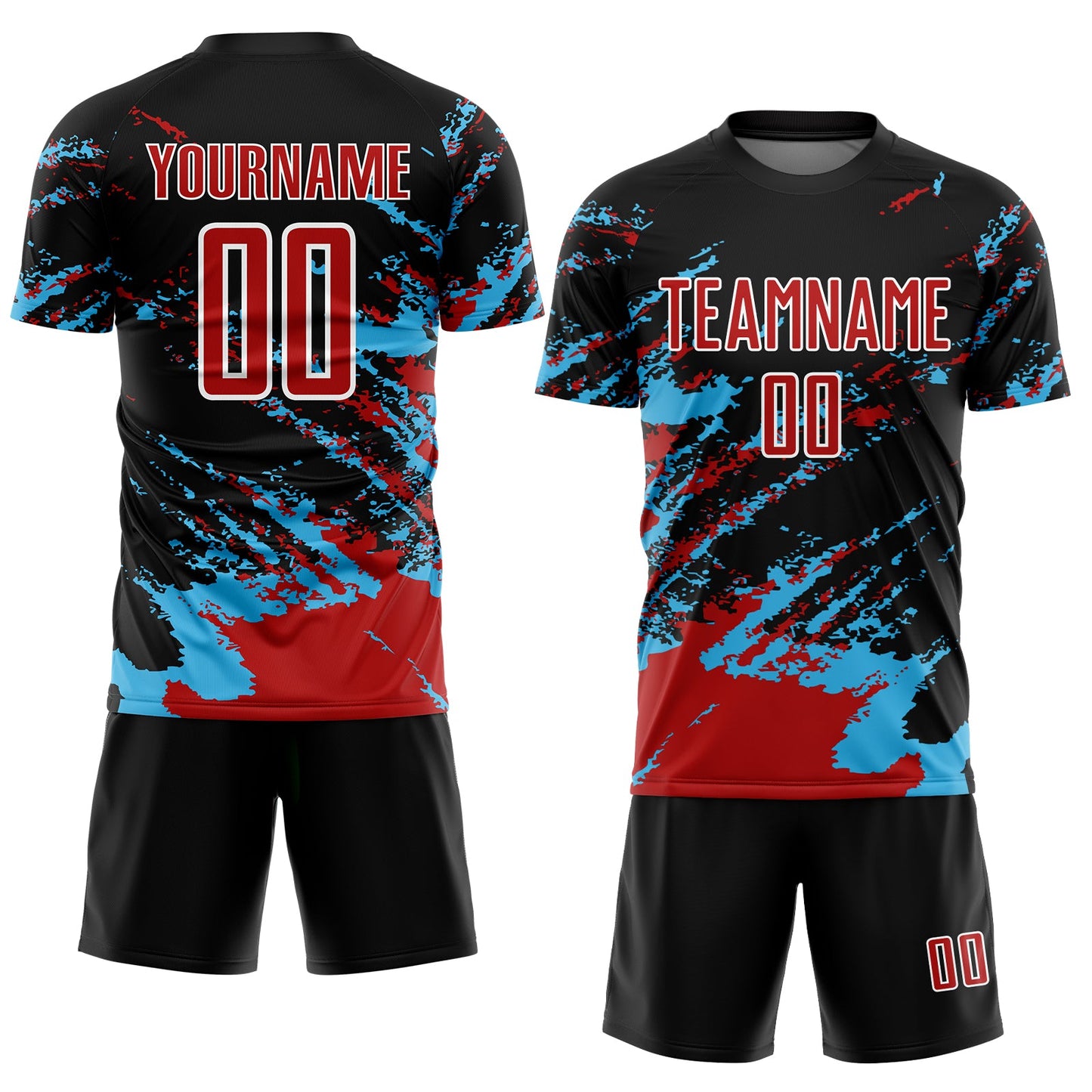 Custom Black Red-Sky Blue Abstract Fragment Art Splash Sublimation Soccer Uniform Jersey Limited