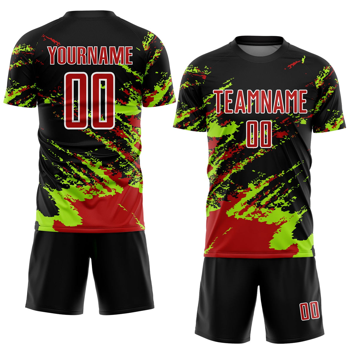 Custom Black Red-Neon Green Abstract Fragment Art Splash Sublimation Soccer Uniform Jersey Limited