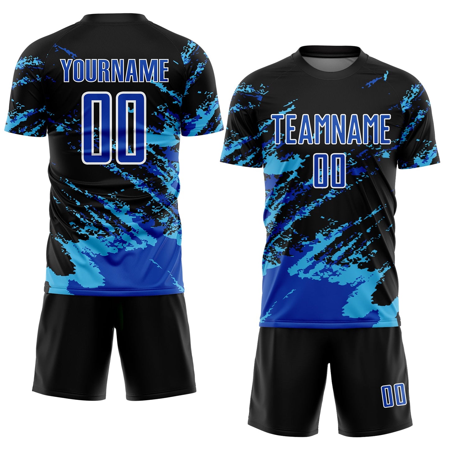 Custom Black Thunder Blue-Sky Blue Abstract Fragment Art Splash Sublimation Soccer Uniform Jersey Limited