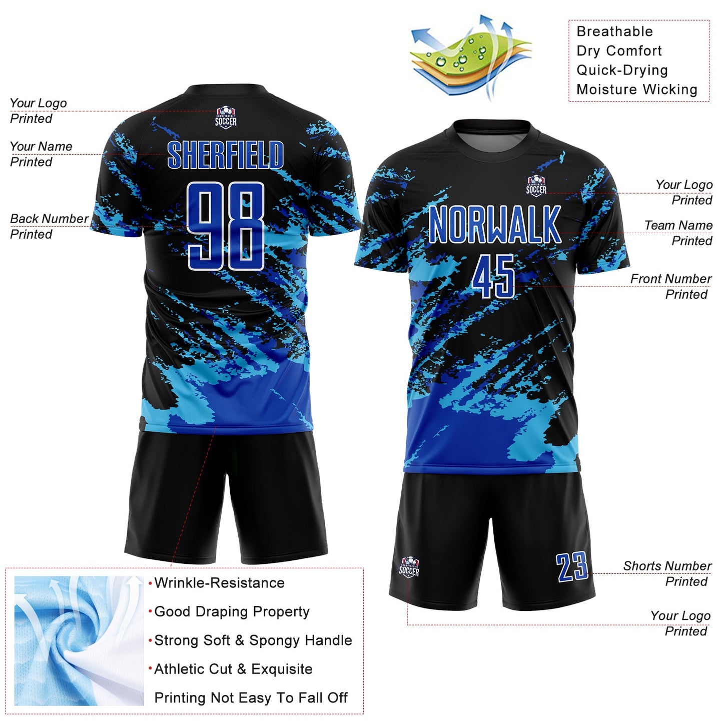 Custom Black Thunder Blue-Sky Blue Abstract Fragment Art Splash Sublimation Soccer Uniform Jersey Limited