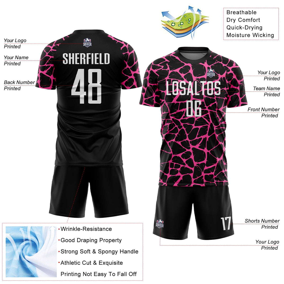 Custom Black White-Pink Abstract Network Splash Sublimation Soccer Uniform Jersey Limited
