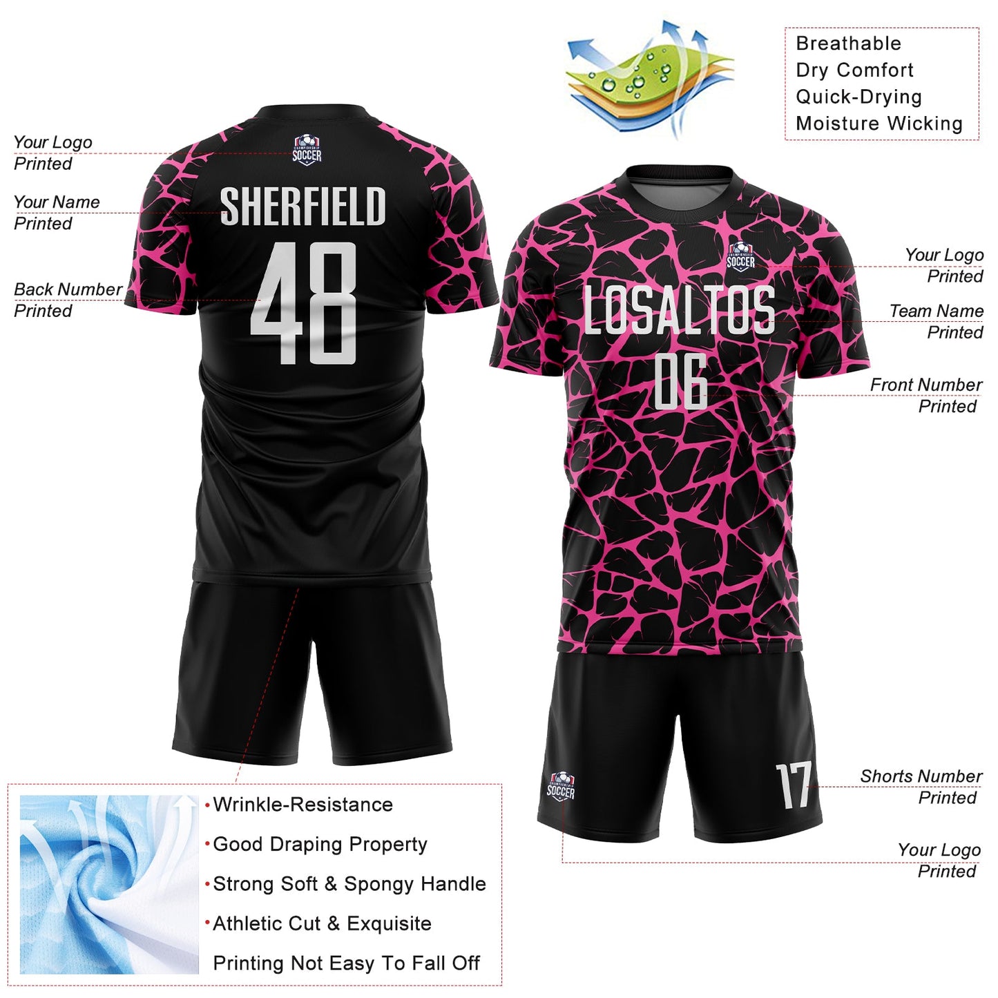 Custom Black White-Pink Abstract Network Splash Sublimation Soccer Uniform Jersey Limited