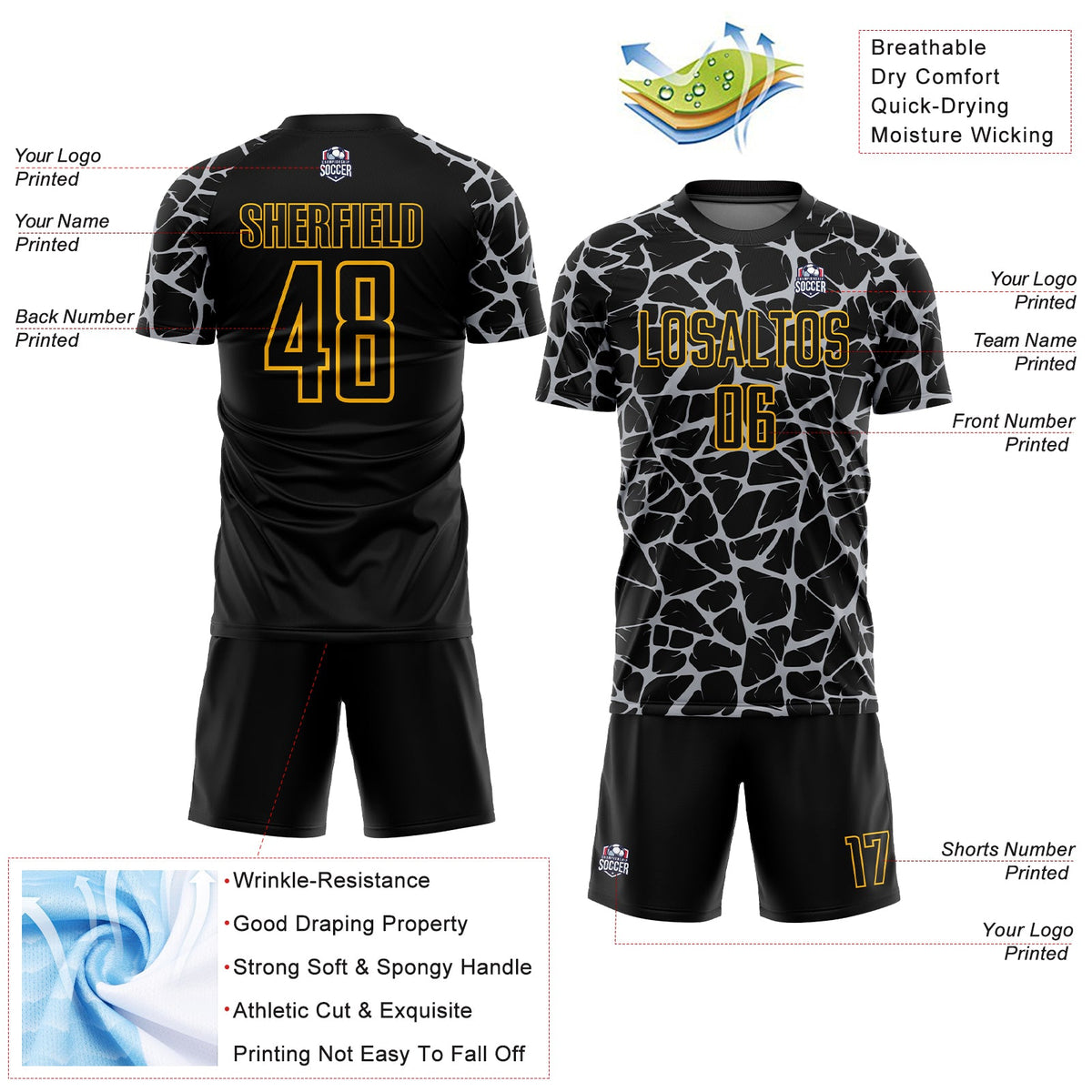 Custom Black Gray-Gold Abstract Network Splash Sublimation Soccer Uniform Jersey Limited