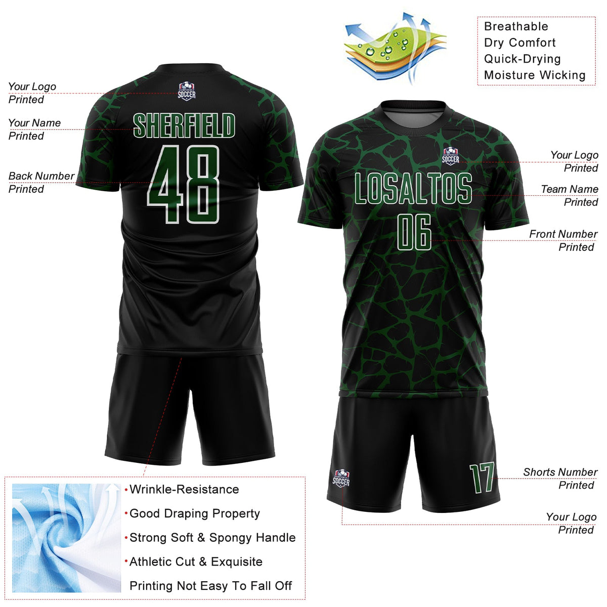 Custom Black Green-White Abstract Network Splash Sublimation Soccer Uniform Jersey Limited