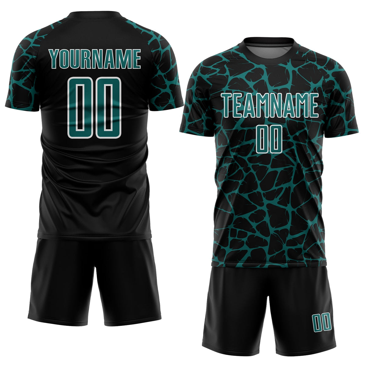 Custom Black Teal-White Abstract Network Splash Sublimation Soccer Uniform Jersey Limited