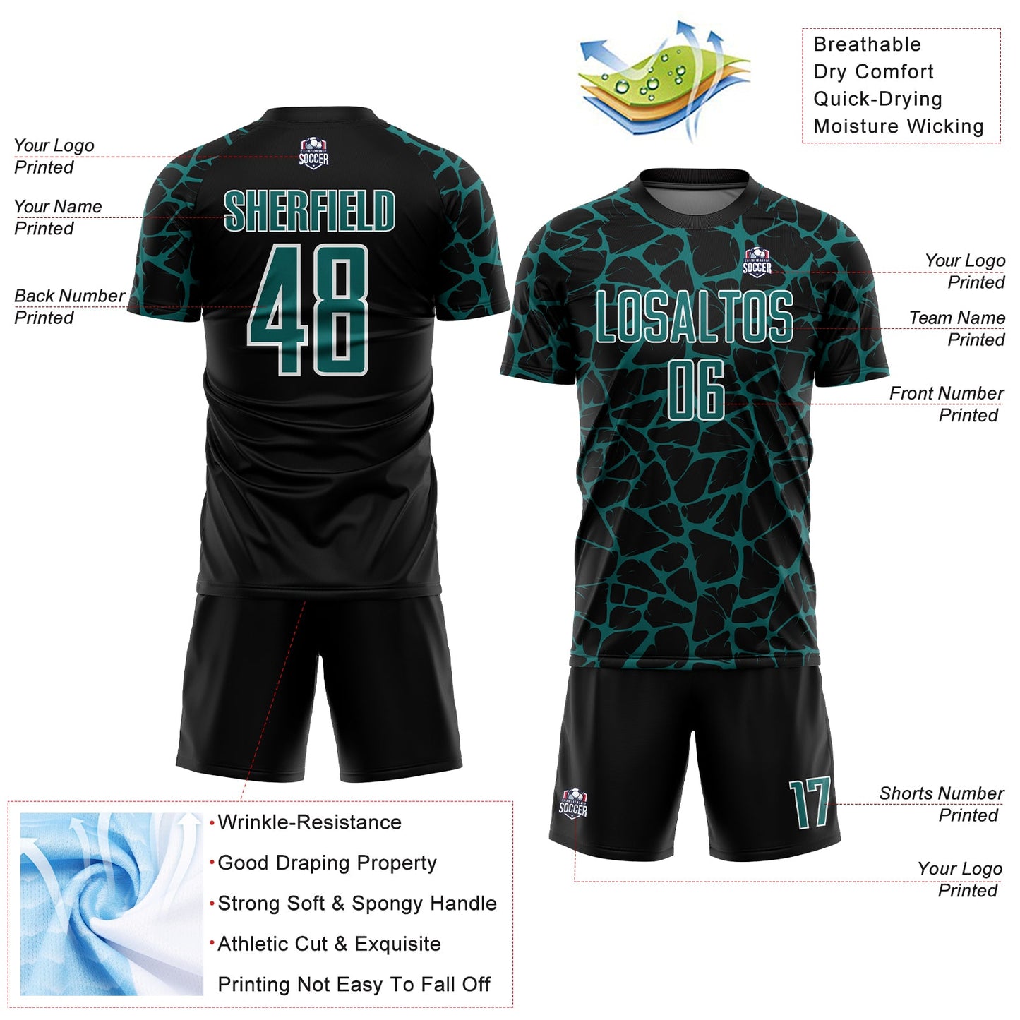 Custom Black Teal-White Abstract Network Splash Sublimation Soccer Uniform Jersey Limited