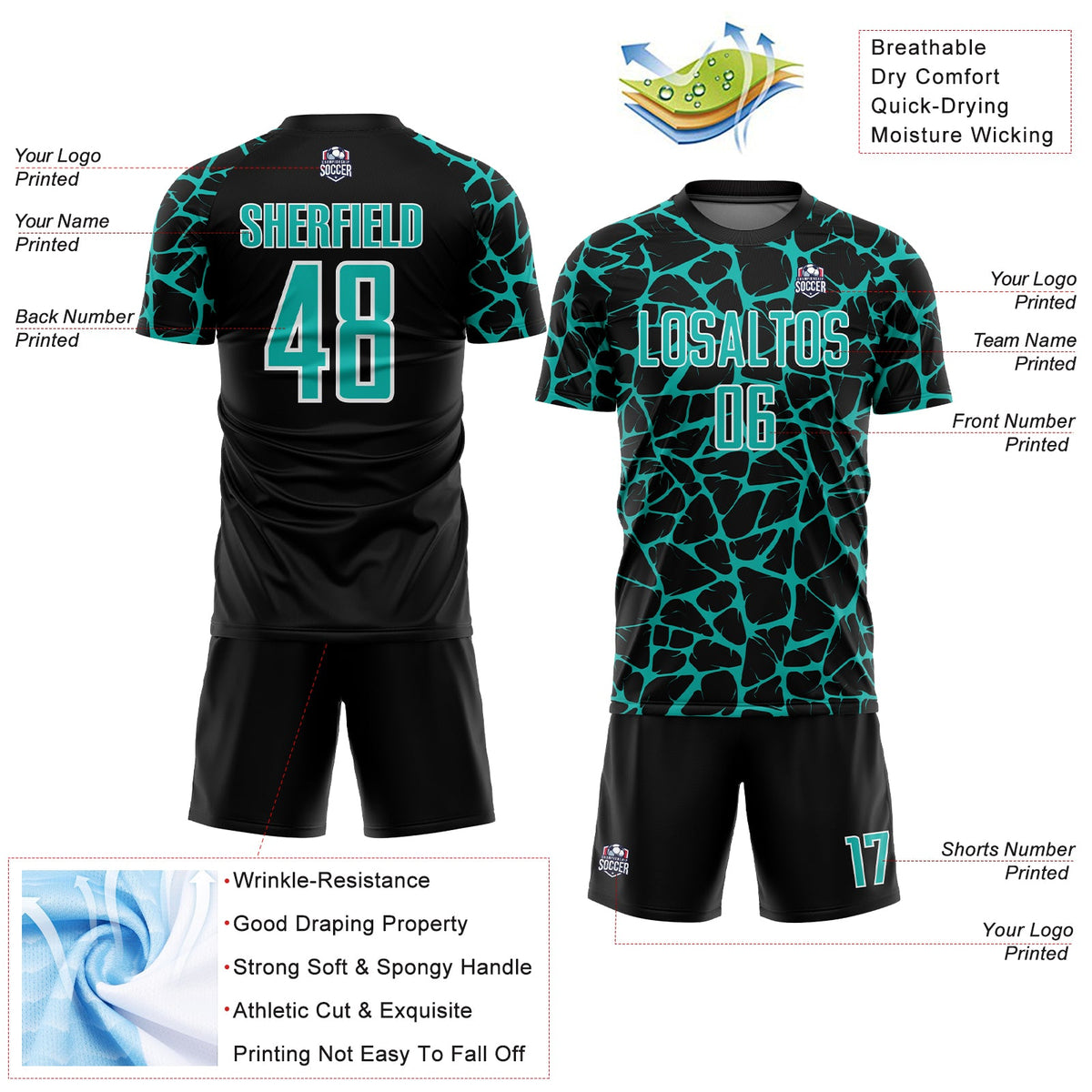 Custom Black Aqua-White Abstract Network Splash Sublimation Soccer Uniform Jersey Limited