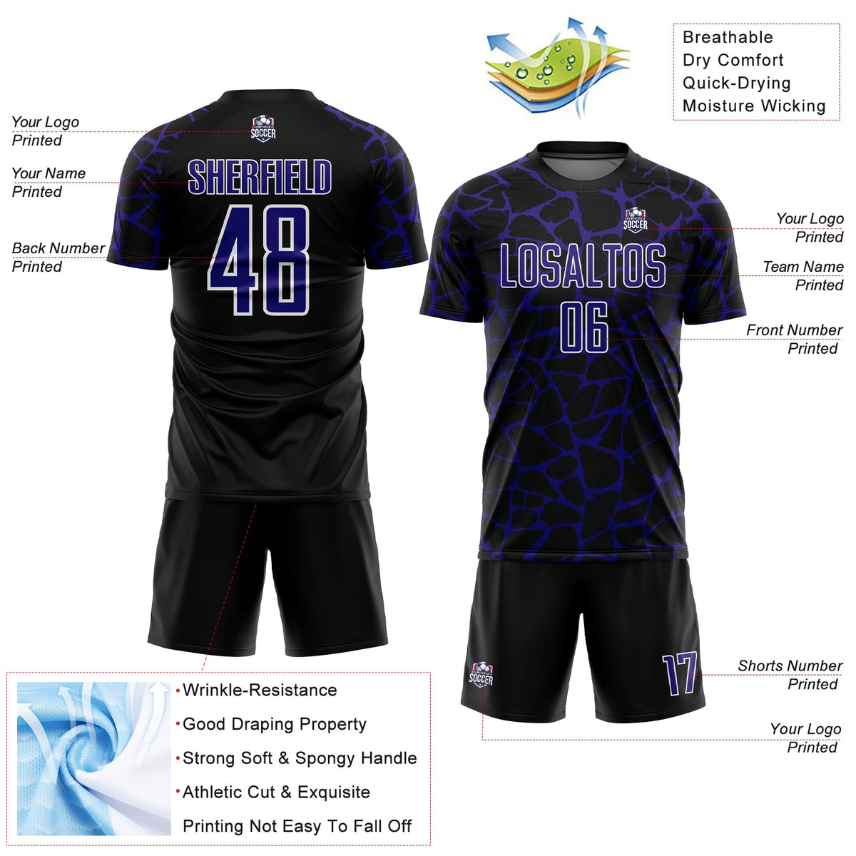Custom Black Dark Purple-White Abstract Network Splash Sublimation Soccer Uniform Jersey Limited