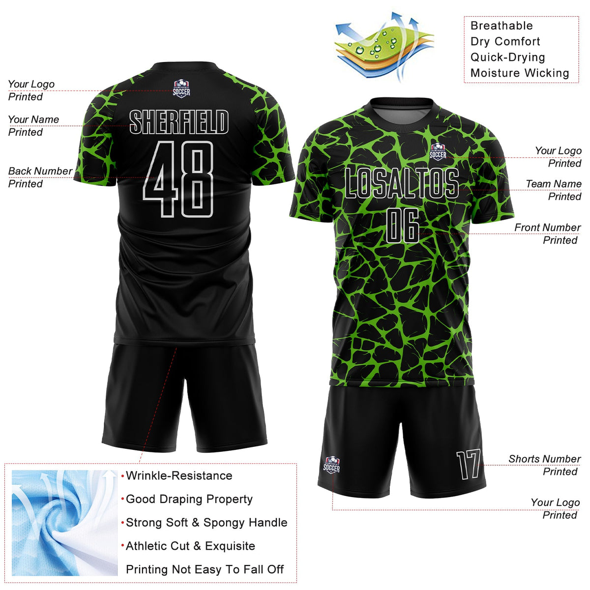 Custom Black Aurora Green-White Abstract Network Splash Sublimation Soccer Uniform Jersey Limited
