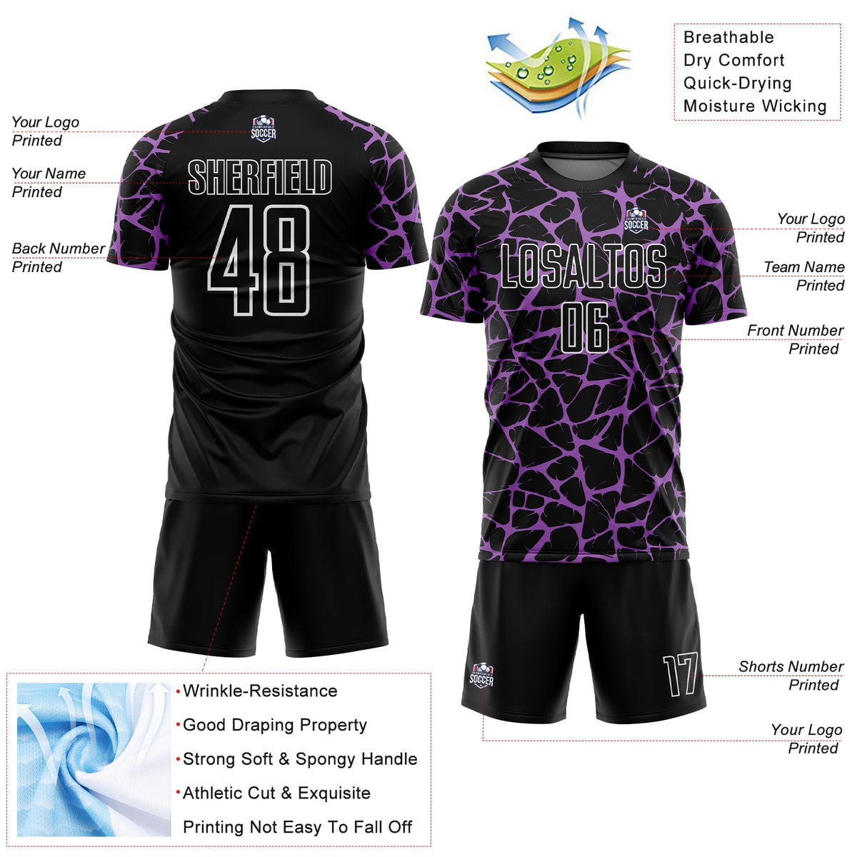 Custom Black Medium Purple-White Abstract Network Splash Sublimation Soccer Uniform Jersey Limited