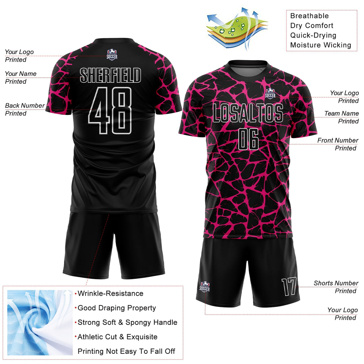 Custom Black Hot Pink-White Abstract Network Splash Sublimation Soccer Uniform Jersey Limited