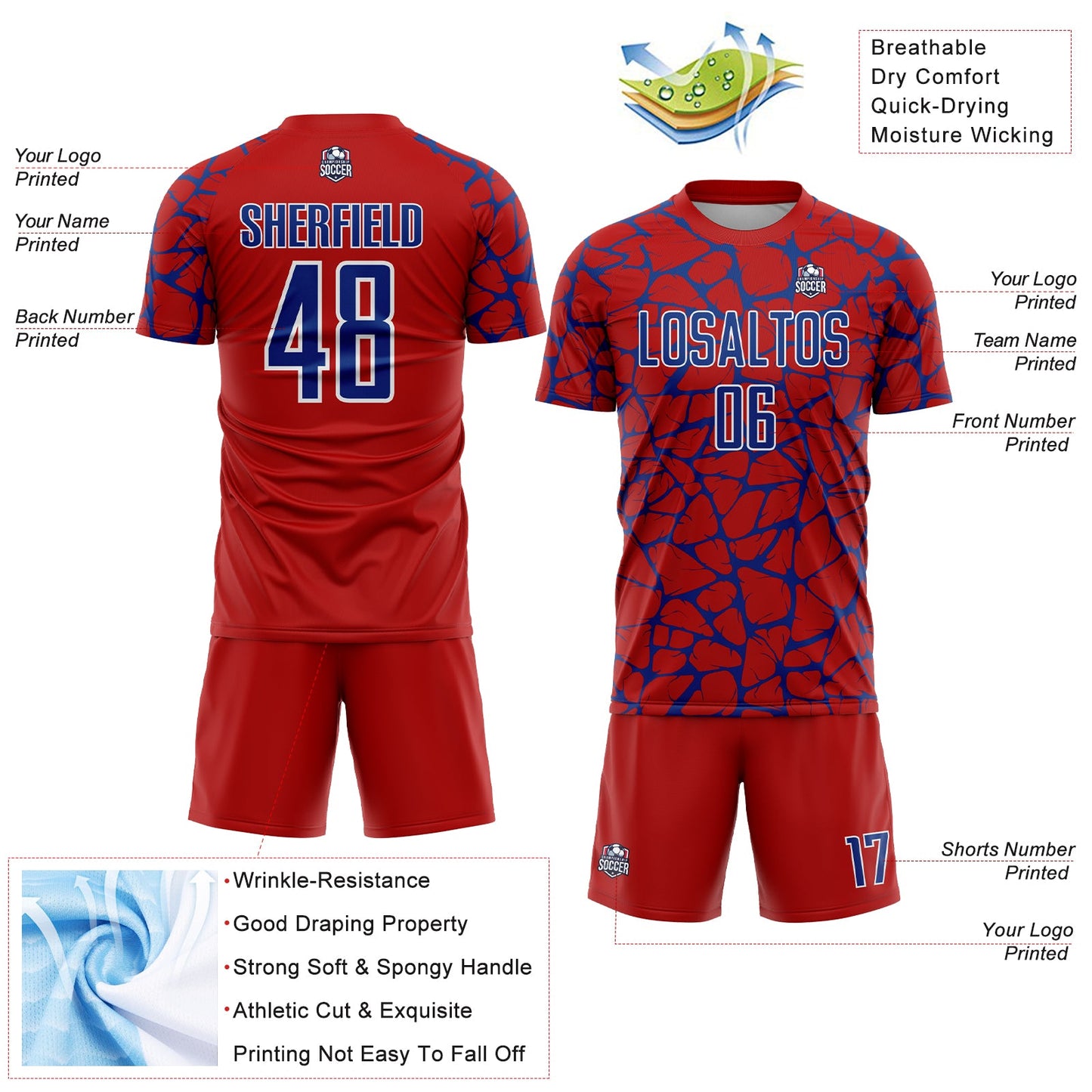 Custom Red Royal-White Abstract Network Splash Sublimation Soccer Uniform Jersey Limited