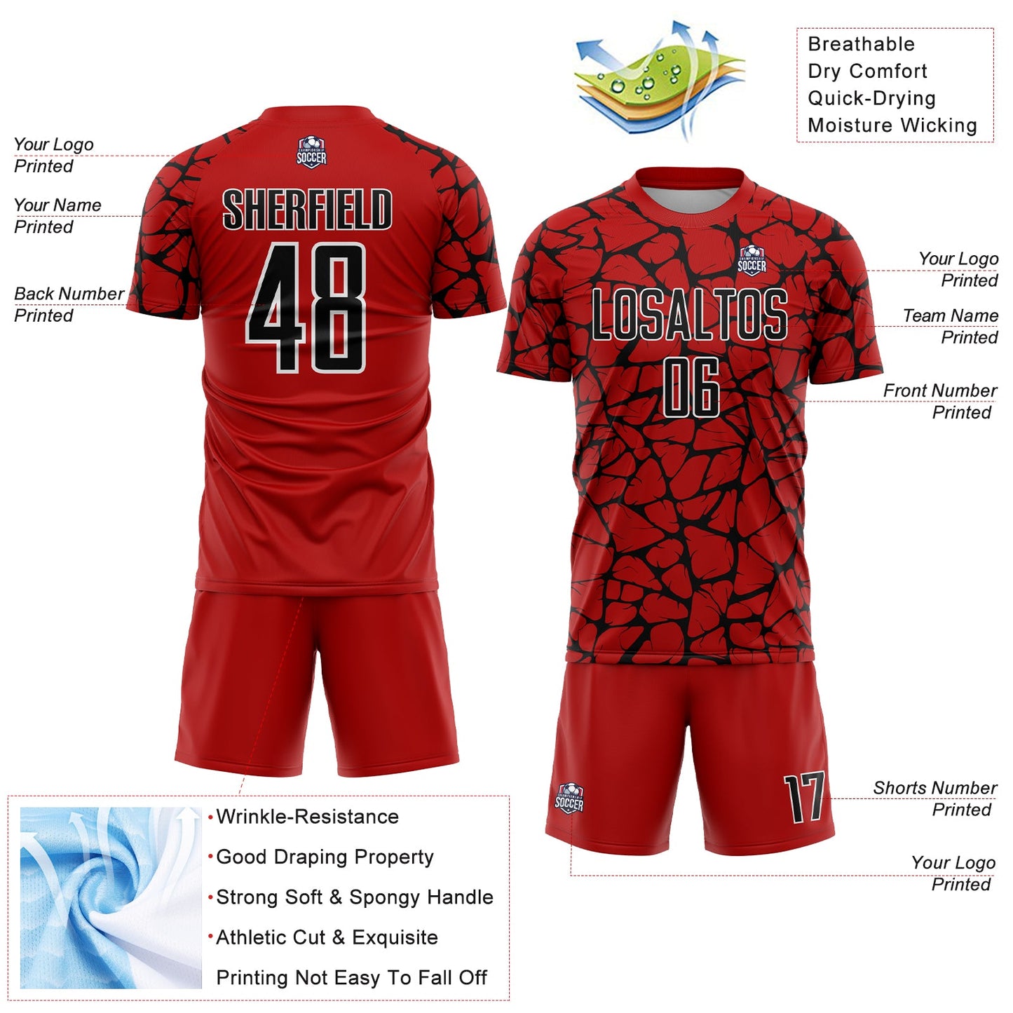 Custom Red Black-White Abstract Network Splash Sublimation Soccer Uniform Jersey Limited