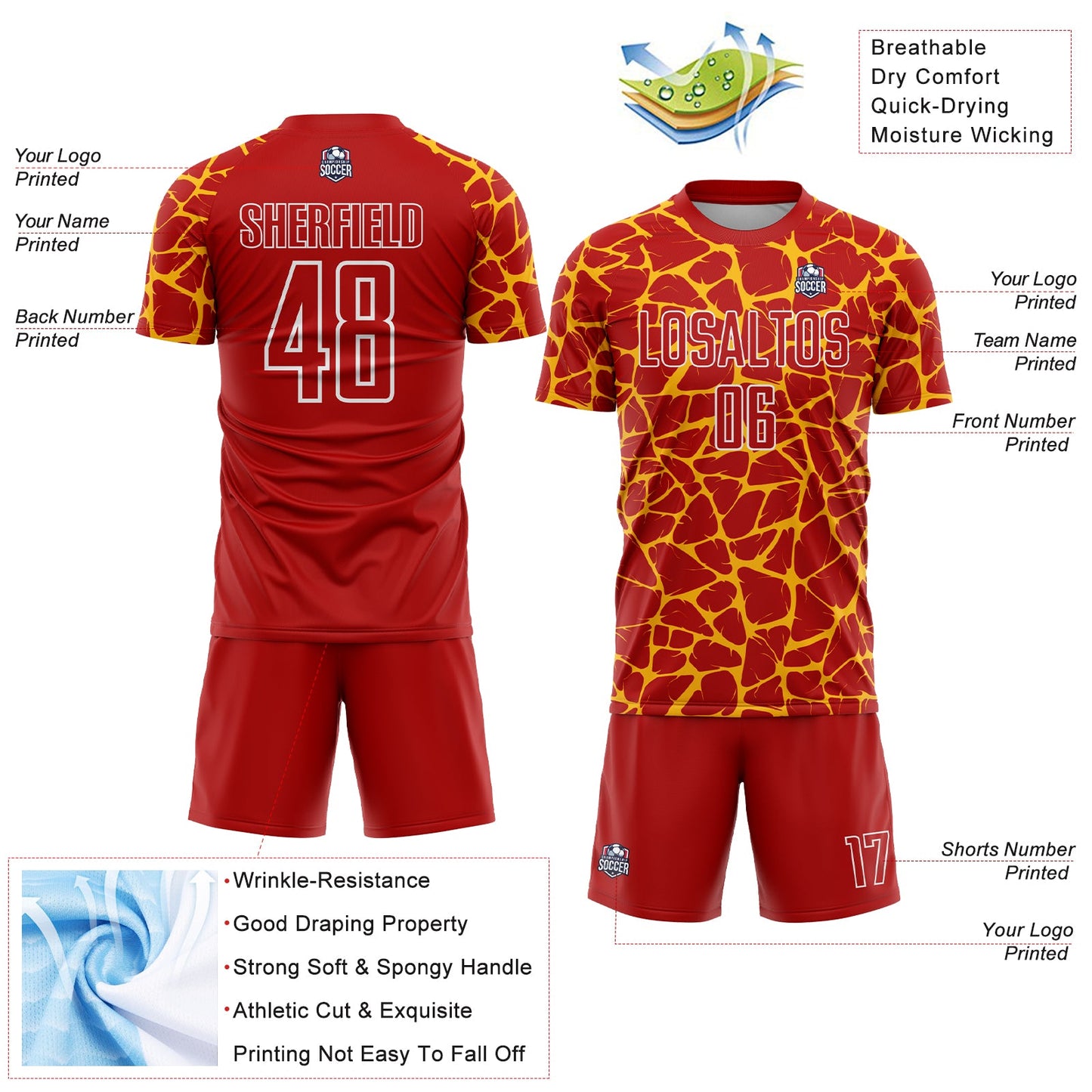 Custom Red Gold-White Abstract Network Splash Sublimation Soccer Uniform Jersey Limited