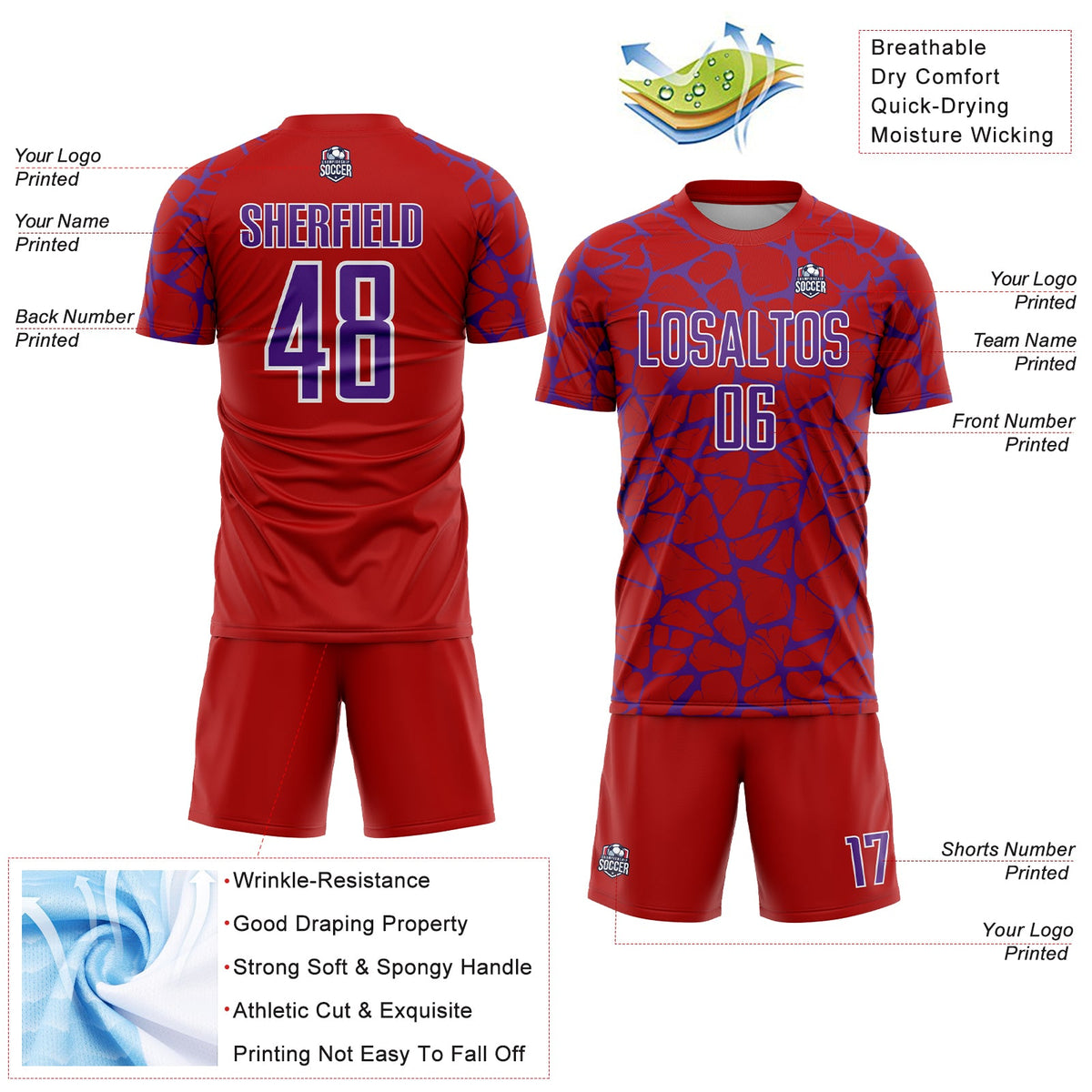 Custom Red Purple-White Abstract Network Splash Sublimation Soccer Uniform Jersey Limited