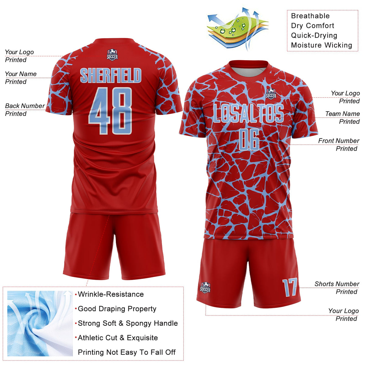 Custom Red Light Blue-White Abstract Network Splash Sublimation Soccer Uniform Jersey Limited